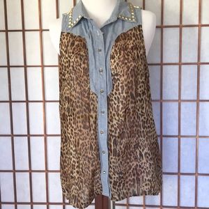 Guess Jeans Leopard and Chambray Top Medium